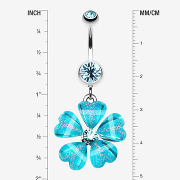 Detail View 1 of Shimmering Flower Heart Petal Dangle Belly Ring-Aqua